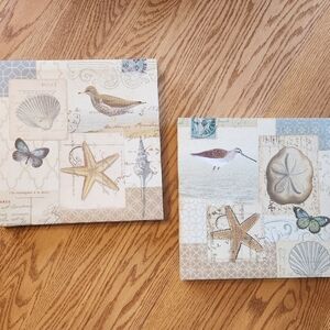 Ocean beach theme canvas picture set cream blue & beige seashells birds starfish